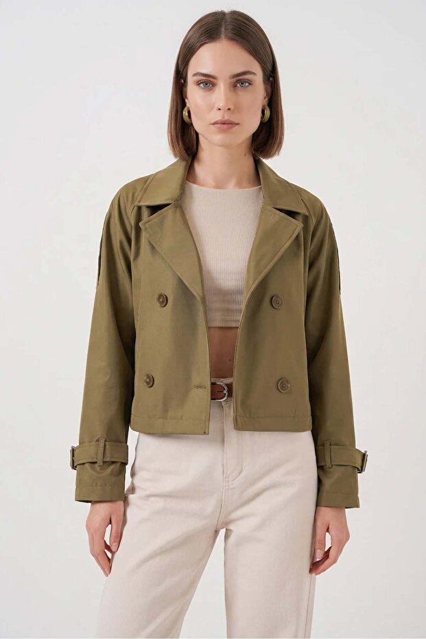 Women's Classic Collared Belted Short Khaki Trench Coat