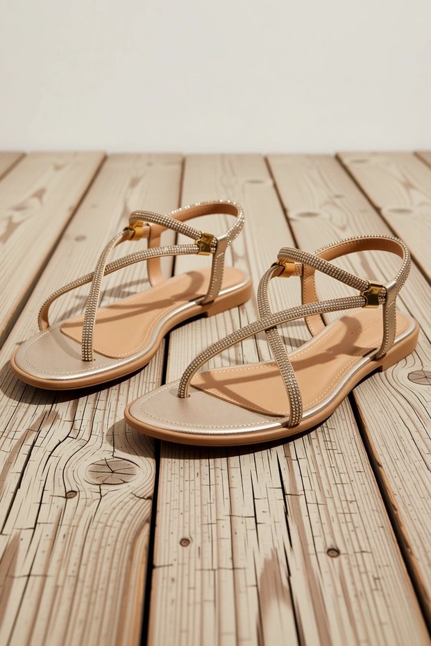 Women's Flip-Flop Sandals with Elastic Ankle Strap, Flat Heel, Faux Leather, Stone Detail, Daily Comfortable, Modern