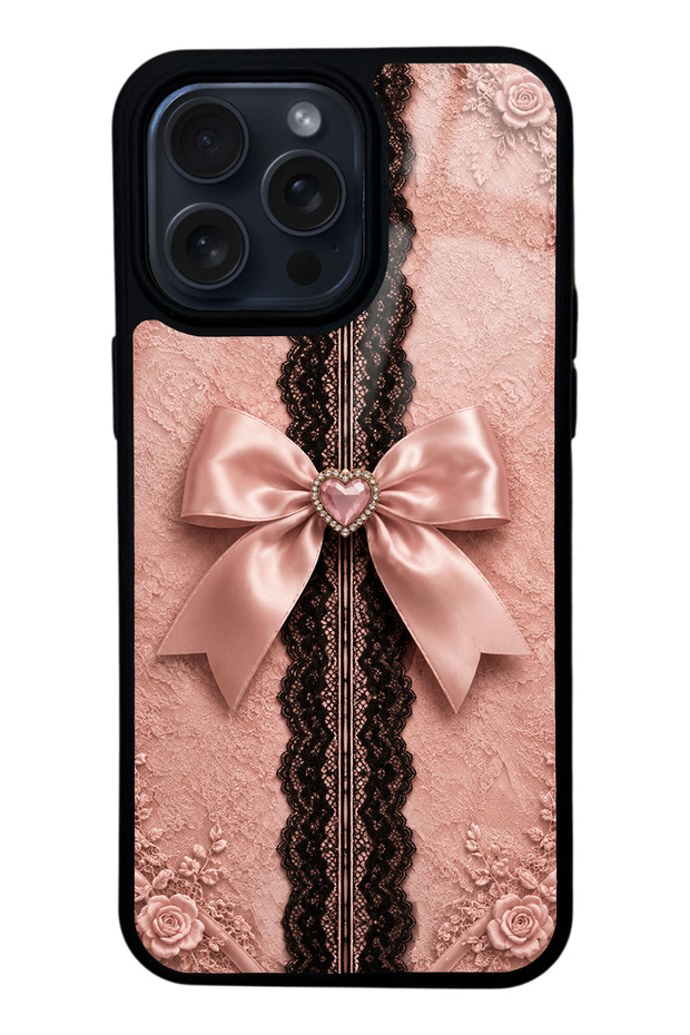 iPhone 15 Pro Max Glossy Phone Case with Pink Lace Bow Design
