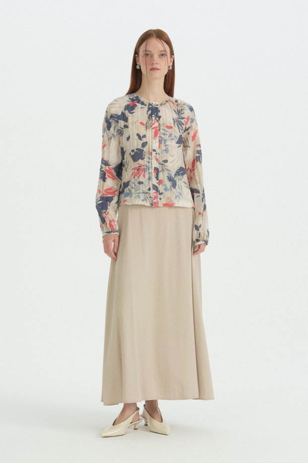 Balloon Sleeve Skirt Shirt Set - Beige