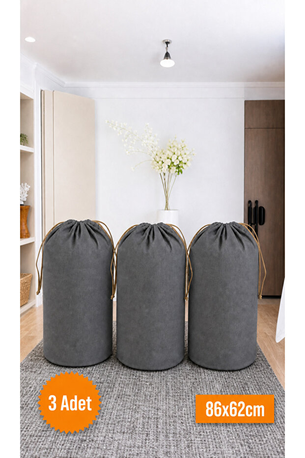 3 Pieces Anthracite Drawstring Bag Xlarge 86X62 cm - Moving Bag - Quilt Pillow Laundry Storage Bag