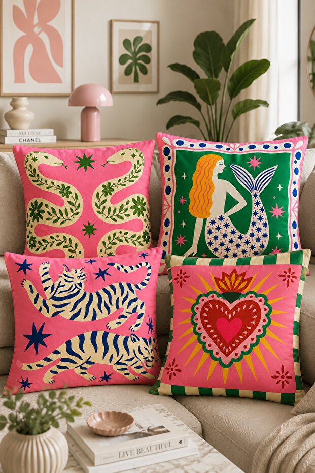 Bohemian Folk Art Patterned Set of 4 Decorative Throw Pillow Covers Pink Green Living Room Sofa Cushion (Double Sided)