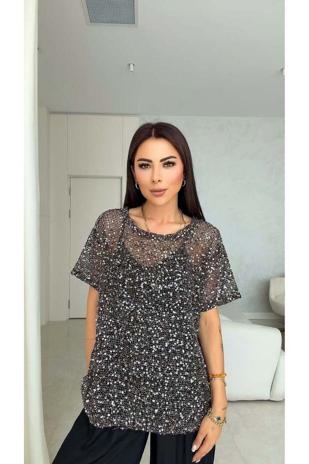 Pulin Women's Sequined Brown Blouse