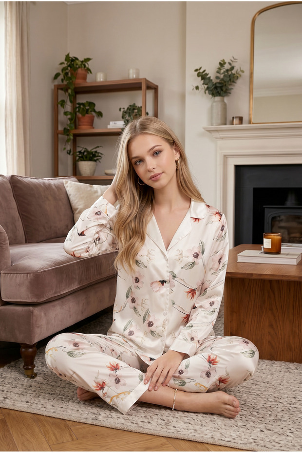 Premium Women's Satin Pajama Set Buttoned Shirt Collar Luxury Boxed
