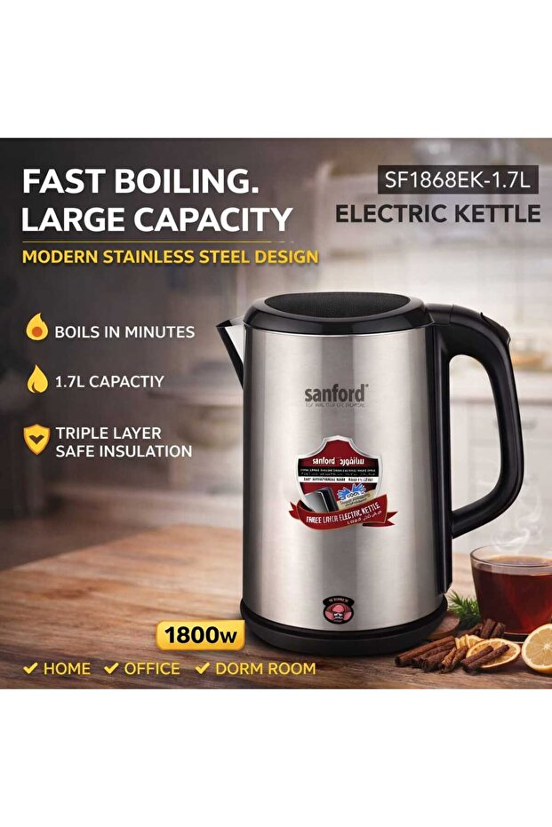 Electric Kettle 1.7L 1800W Stainless Steel Fast Boiling