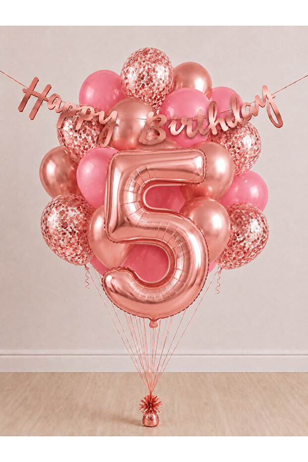 -5- Age Rose Gold Happy Birthday Banner Themed Balloon Bundle 15 Pieces