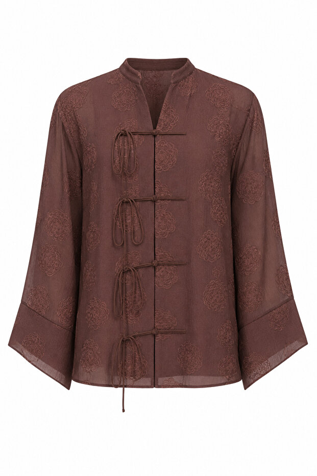 Jacquard Patterned Mandarin Brown Blouse - 1