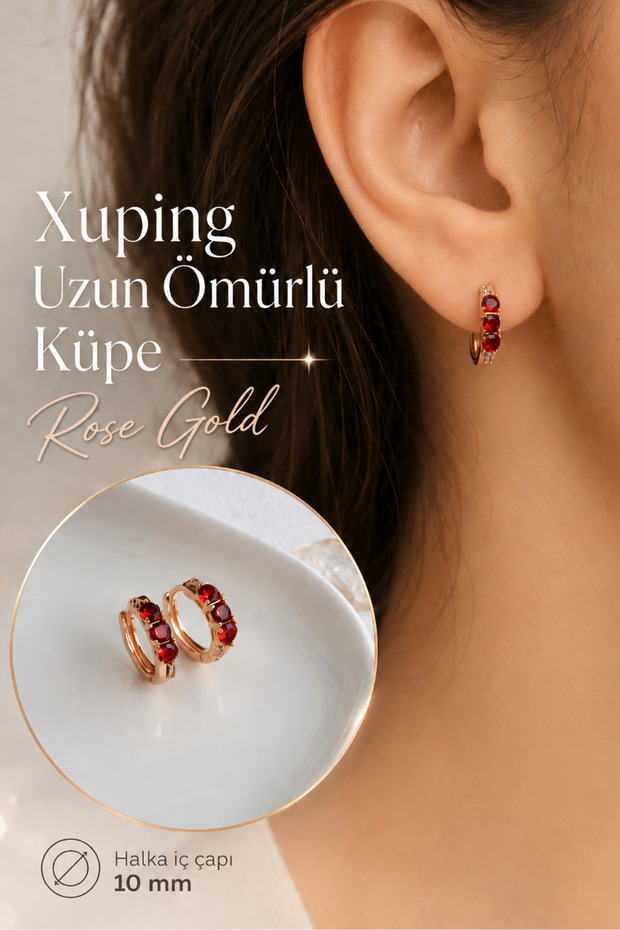 Red Zircon Stone Hoop Earrings Xuping Rose Gold Color Long Life Earrings