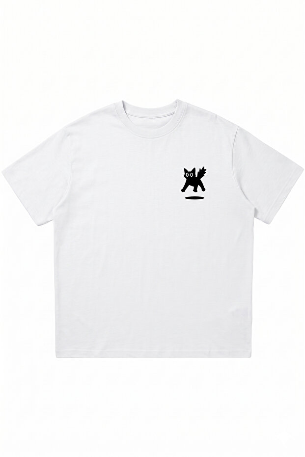 Scared Cat Printed White Oversize Crew Neck T-Shirt