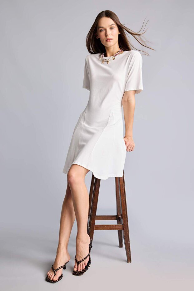 100% Cotton Crew Neck Short Sleeve White Mini Dress H8438Ax26Sm