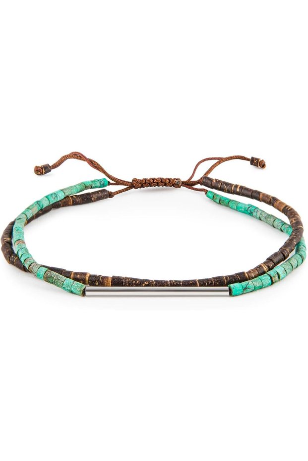 Ebony Men’s Bracelet, 925 Sterling Silver Plaque Bracelet, Turquoise & Wood Beaded Handmade Adjustable Jewelry