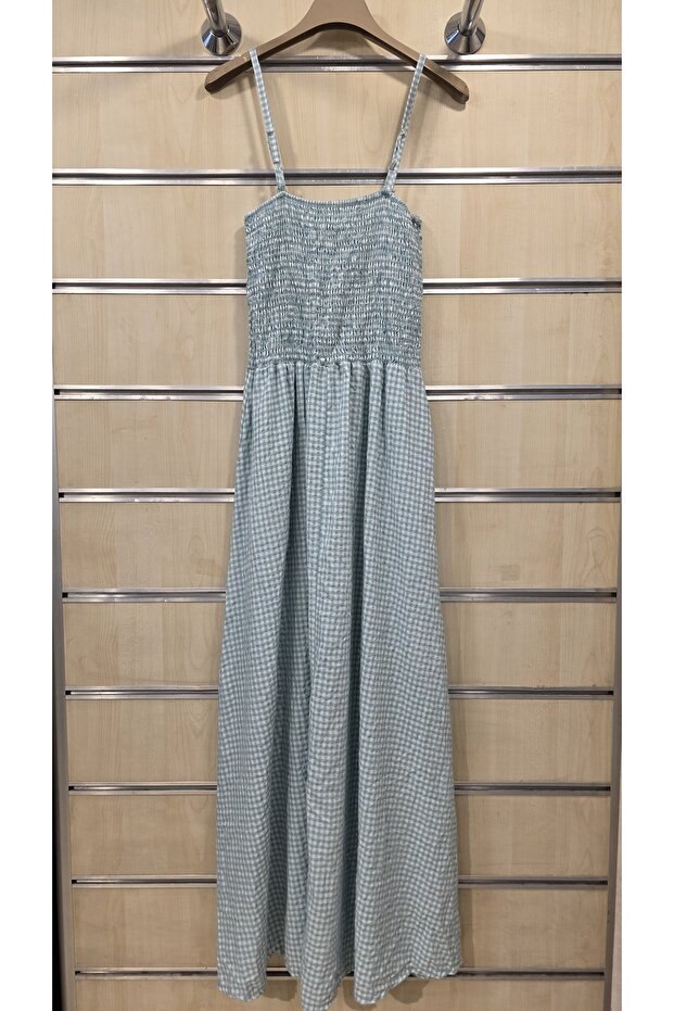 Rochie lungă din bumbac cu bretele și model Gingham - 5