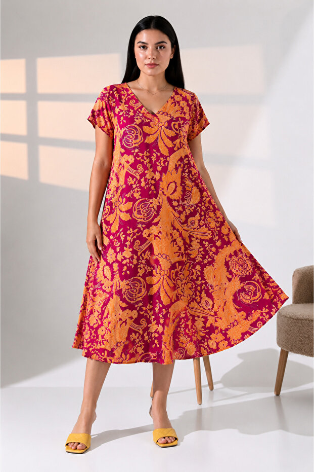 Summer Plus Size Viscose V-Neck Short Sleeve Dress 2688