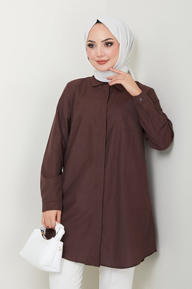 Women's Long Basic Brown Polo Collar Hijab Shirt Dress