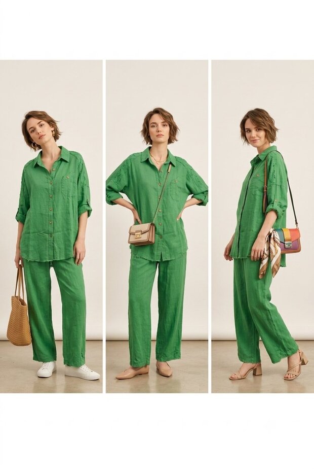 Women's Linen Two-Piece Set - Embroidered Sleeve Shirt and Comfortable Pants Set