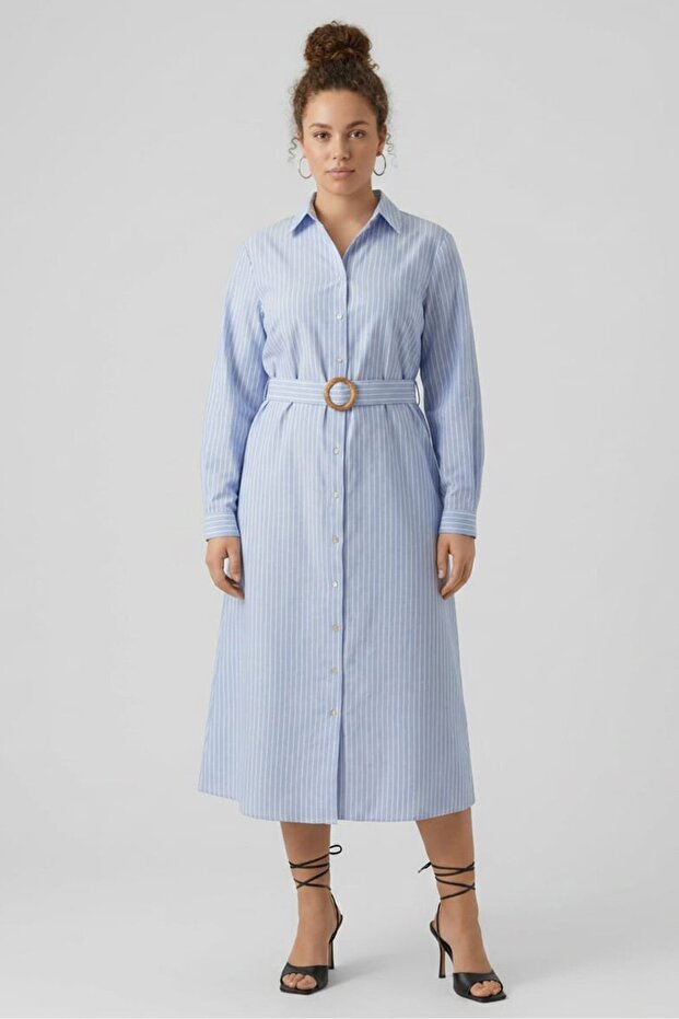 Women Stripe Shirt Dress, Heather Blue