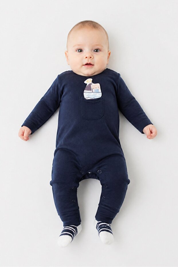 Toddlers Boy Graphic Print Long Sleeve Romper, Navy
