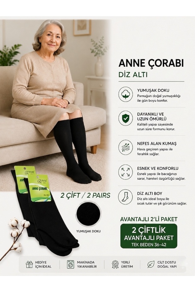Women's Black Below-Knee Mother Socks with Soft Texture, Pack of 2 (Size 36-42)
