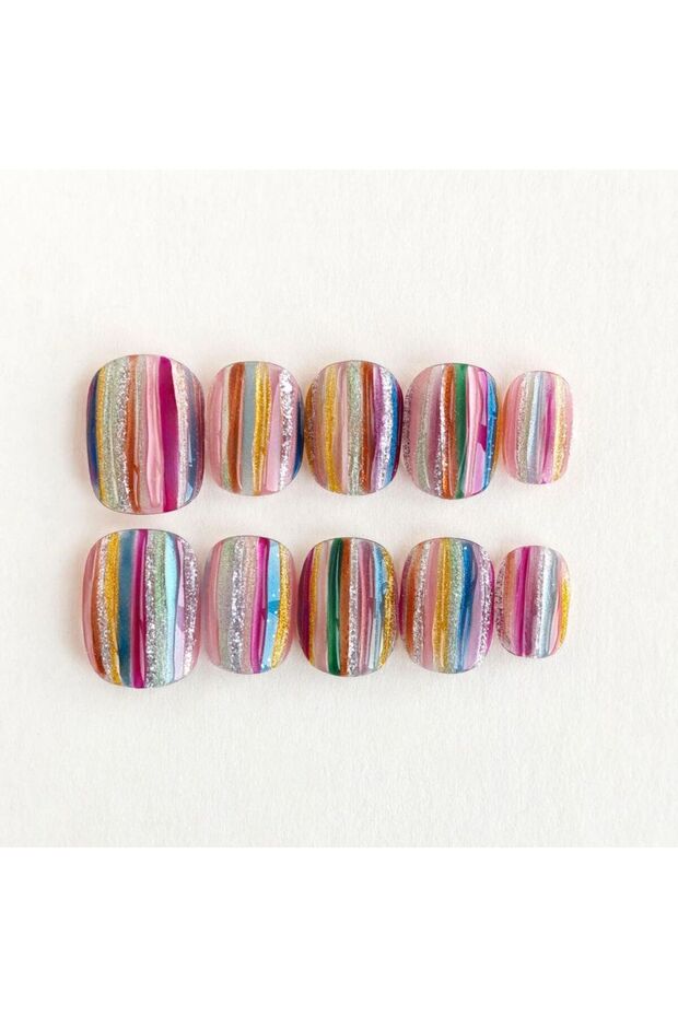 M 10pcs Rainbow Glitter Stripe Press On Nails Pastel Square Short Vibrant Handmade Fake Nails Color.