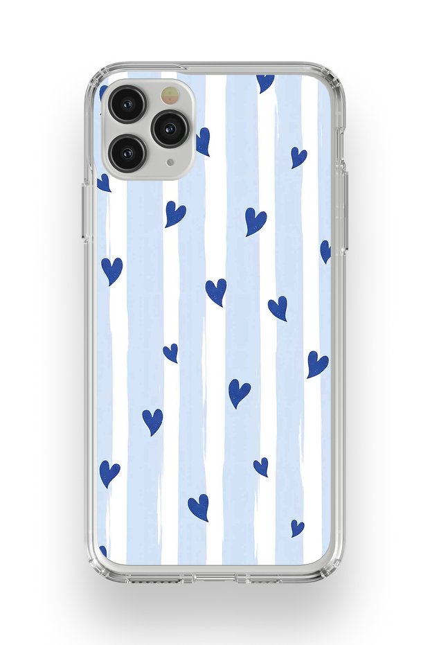 iPhone 11 Pro Compatible Blue Hearts Pattern Transparent Phone Case