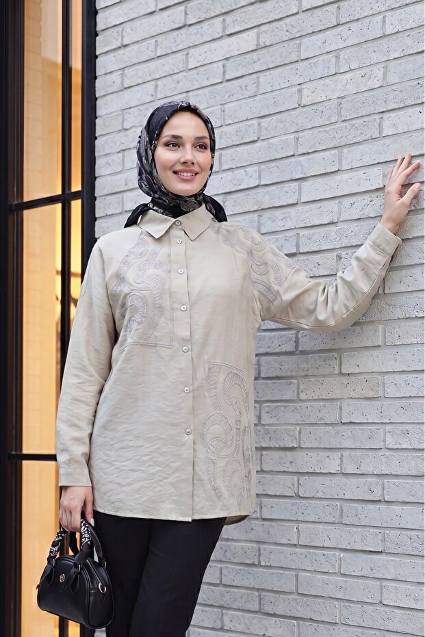 Asymmetrical Embroidered Buttoned Tulle Voile Tunic -Grey