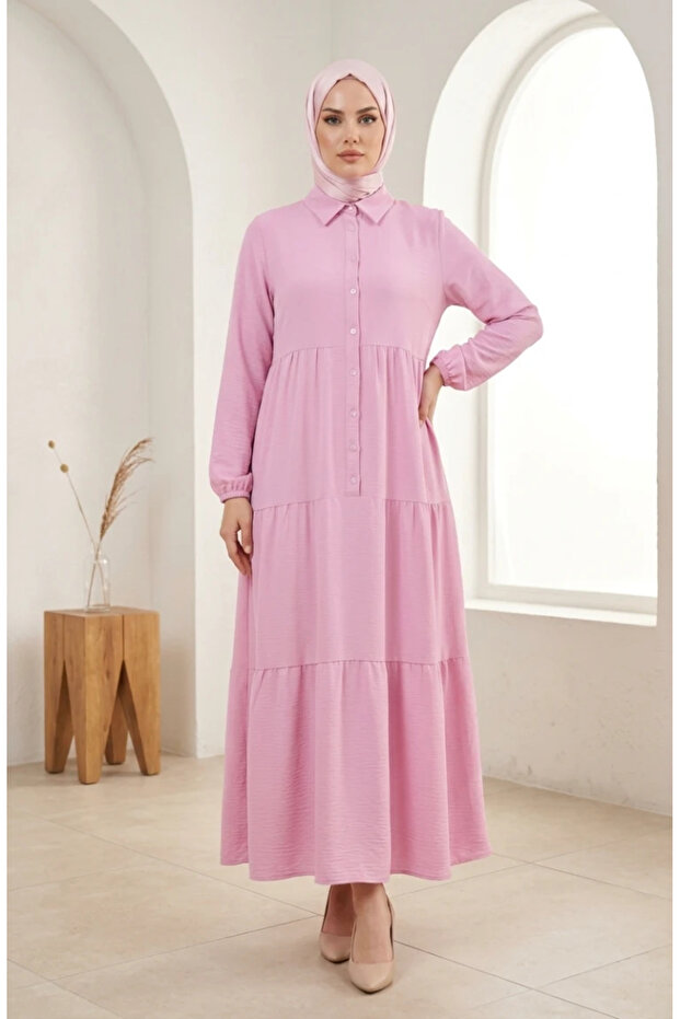 Aerobin Fabric Buttoned Layered Hijab Dress 4124-04 Pink