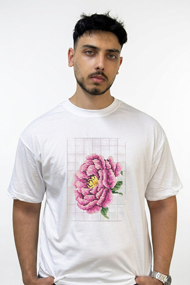 Cicek Kanavice Design Printed Oversize White T-Shirt