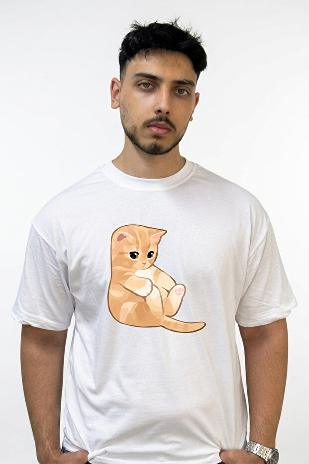 Gato Triste Design Printed Oversize White T-Shirt