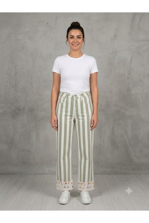 Bdk Striped Trousers with Floral Embroidery Detail on the Cuffs 5029