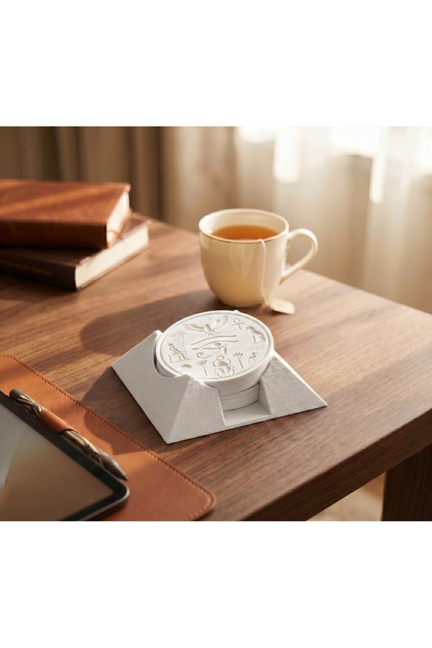 Grifon3D Ancient Egyptian Themed Pyramid Set of 6 Coasters with Stand