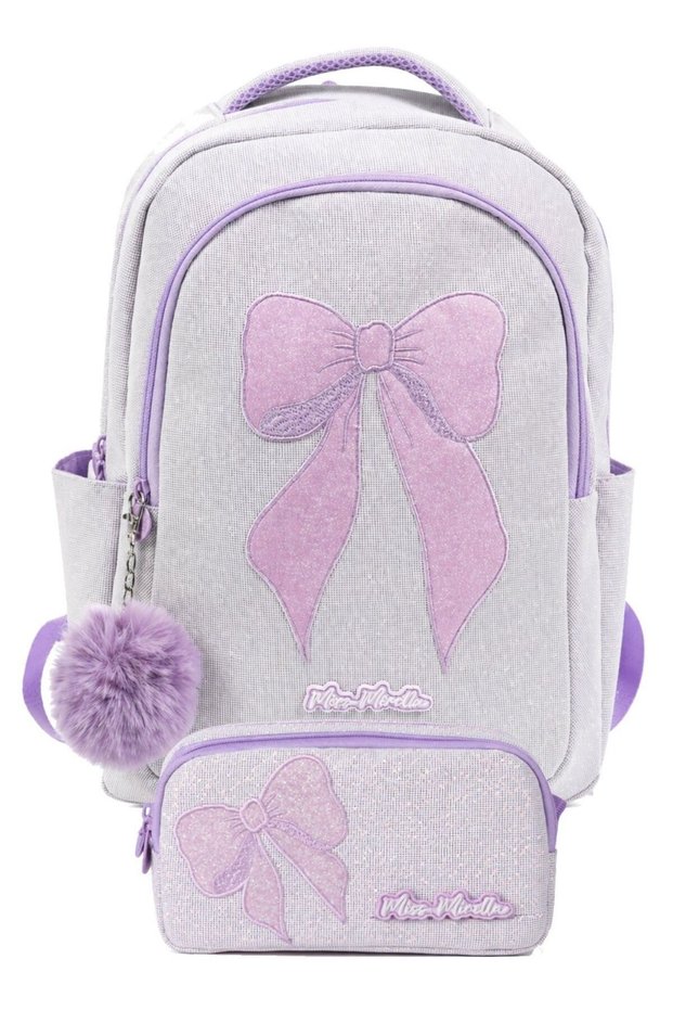 Double School Bag and Pencil Case Set Lilac - Pink (Ribbon Printed) Girls - Setmm26044C