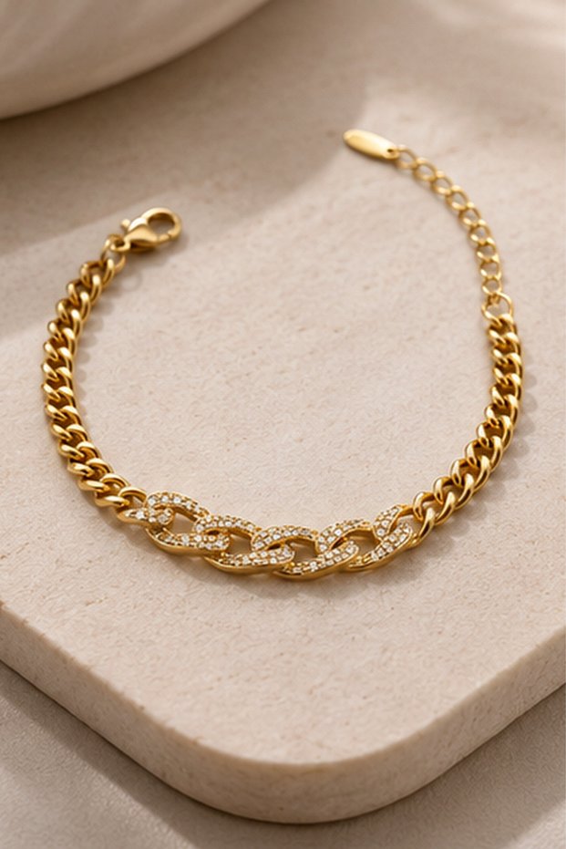 Jewelry Women's Stoned Thick Gourmet Chain Non-Tarnish Steel Bracelet Gold Color 1132