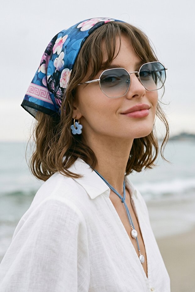 Butterfly Patterned Blue-Fuchsia Bandana Scarf 50X50
