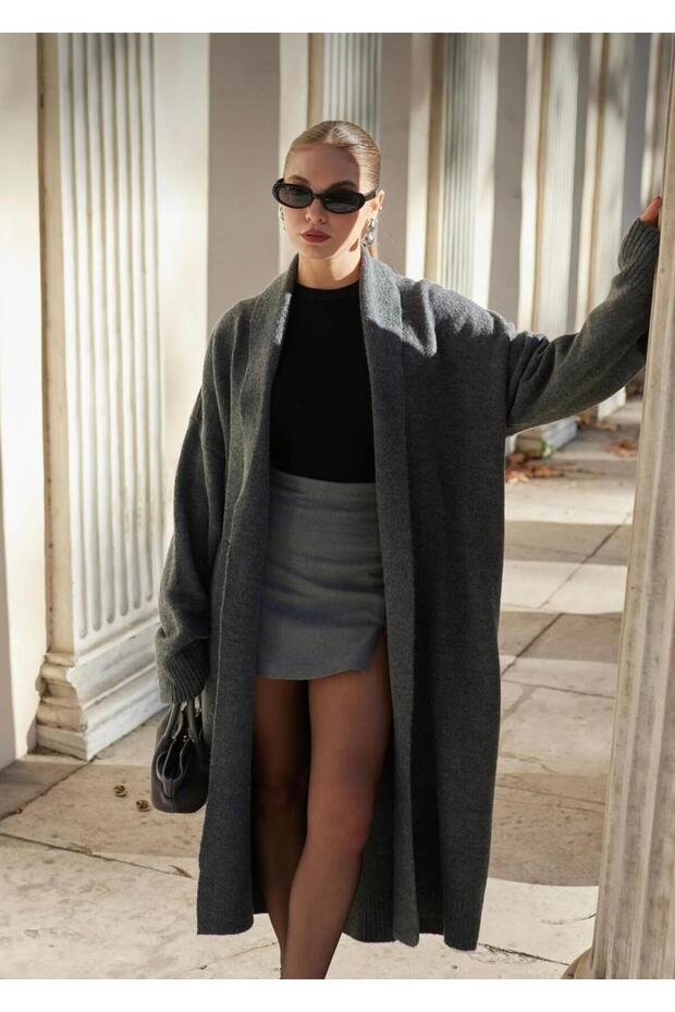 Dgn's Shawl Collar Women's Knitwear Long Cardigan Black-Anthracite
