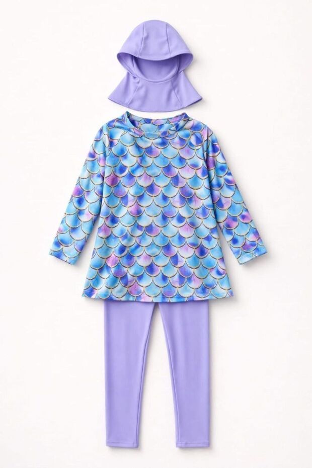 Girl's Lilac Fish Scale Patterned Tights, Long Sleeve Bonnel, 3-Piece Swimsuit Set