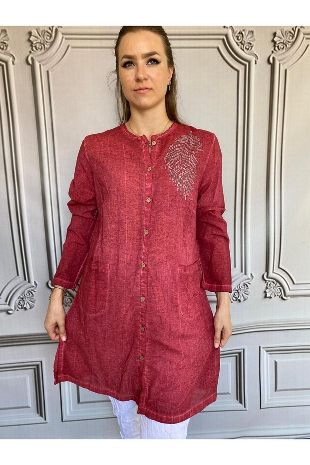 Women's Washed Cotton Fabric Long Sleeve Mother's Stone Tunic 40/48