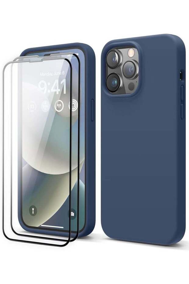 [3-in-1] iPhone 15 Plus Case Bundle – Navy Blue Liquid Silicone Shockproof Cover with 9H Tempered Glass Screen Protector