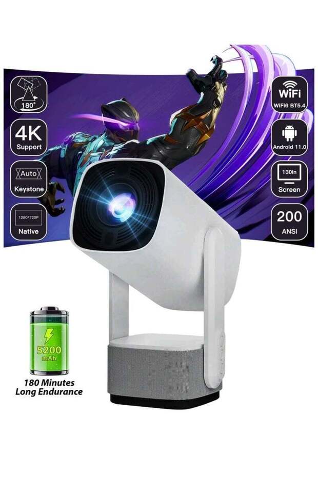 Portable Smart Pan-Tilt Projector with 4K Support & 180" HD Display – Dual-Band 5G/2.4G Wi-Fi, Android 11, Auto Keystone, HDMI/USB Inputs, Built-In Speaker & Remote Control