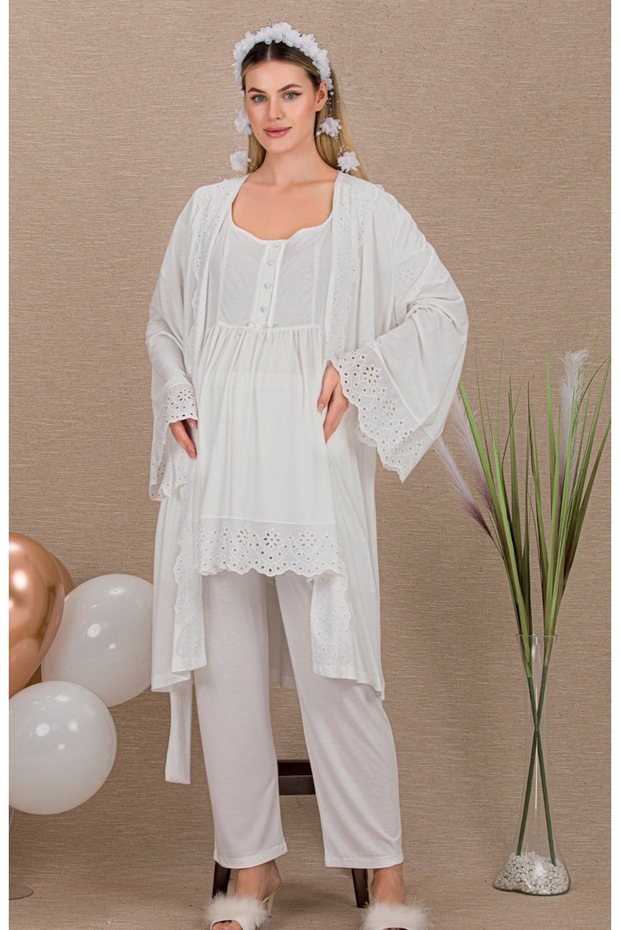 Buttoned Collar, Guipure Detailed, Short Sleeved, Stylish Maternity & Postpartum 3-Piece Pajama Set