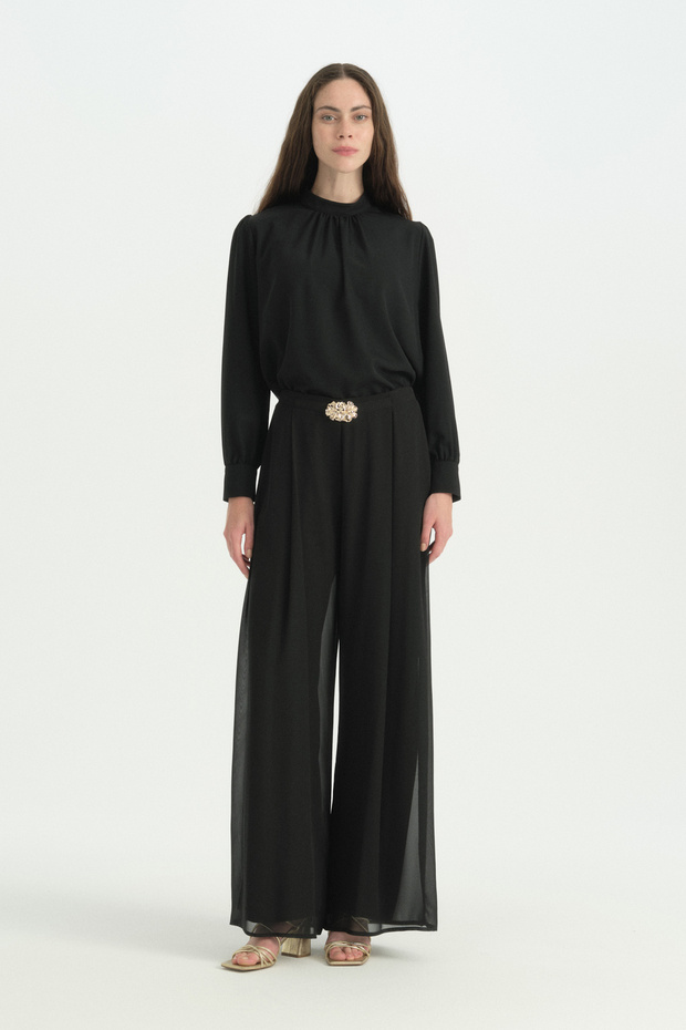 Pleated Loose Trousers with Metal Accessories - Black