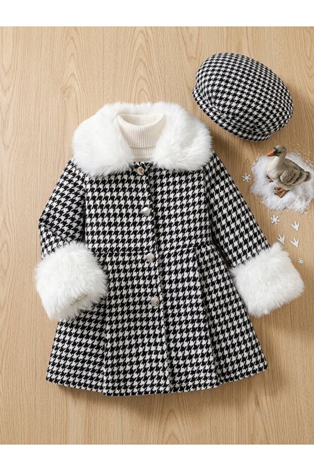 White Fur Detailed Collar and Sleeves Houndstooth Pattern Jacket Hat