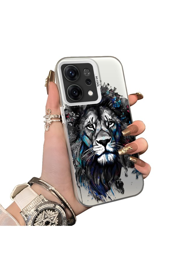 Oppo Reno 14 5g Compatible Silicone Edge Hard Back Case Couple Phone Cover Lion Pattern