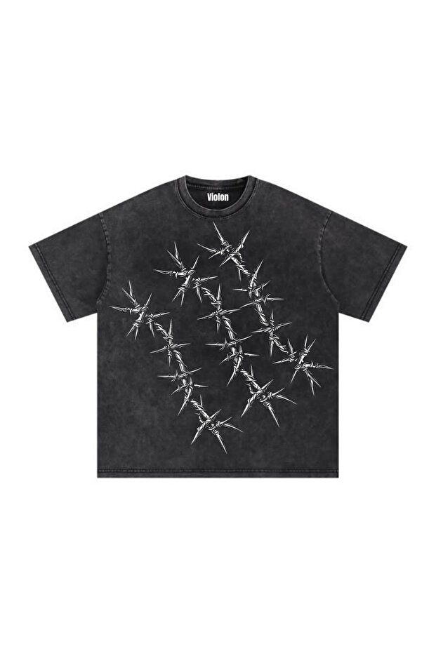 Black Washed Iron Thorn Printed Unisex Oversize T-Shirt