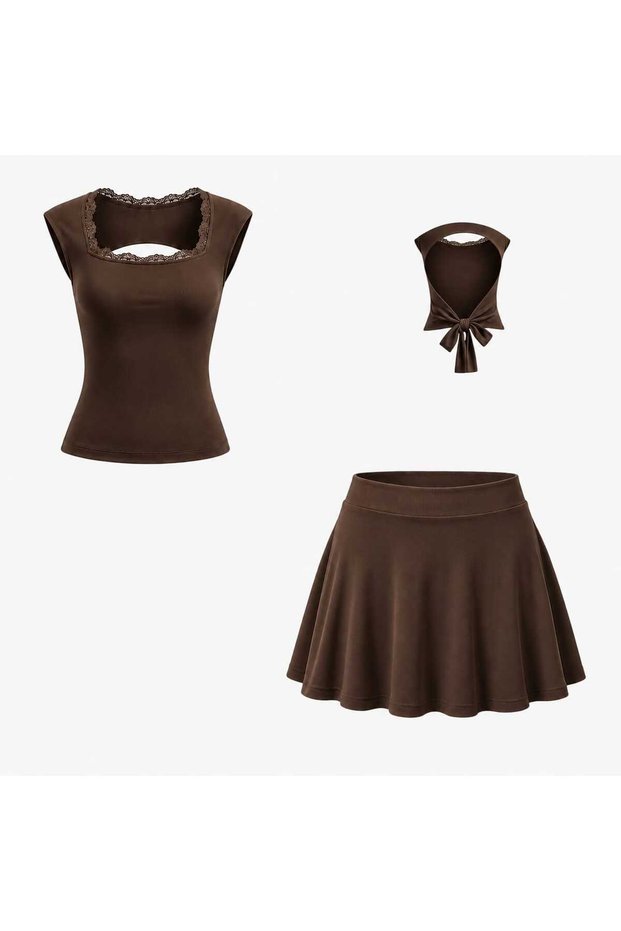 Women's Lace Detailed Square Neck Backless Blouse and Shorts Skirt Set