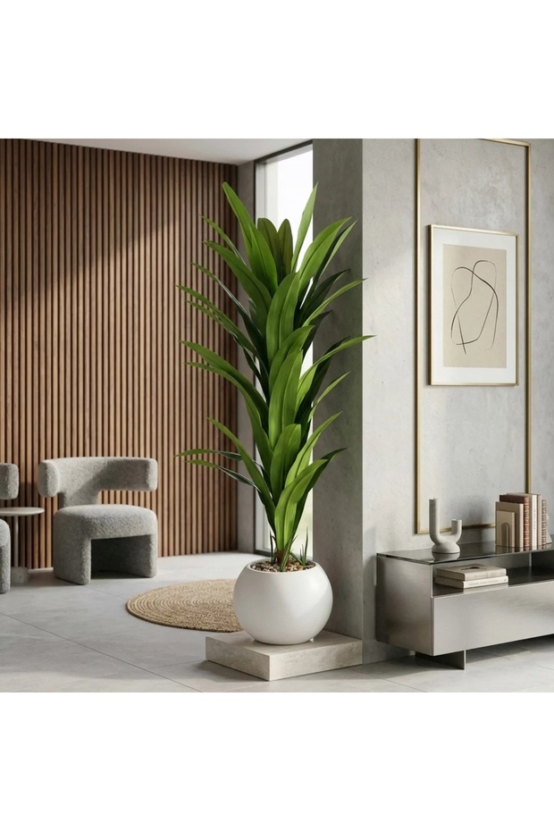 شجرة موز صناعي بتصميم كلاسيكي حديث وبمركن بلاستيك 1 فرع ــ ابيض ــ 25×25×140سم