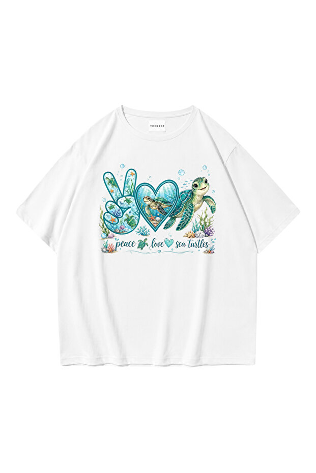 Women's Peace Love Turtles Tshirt White
