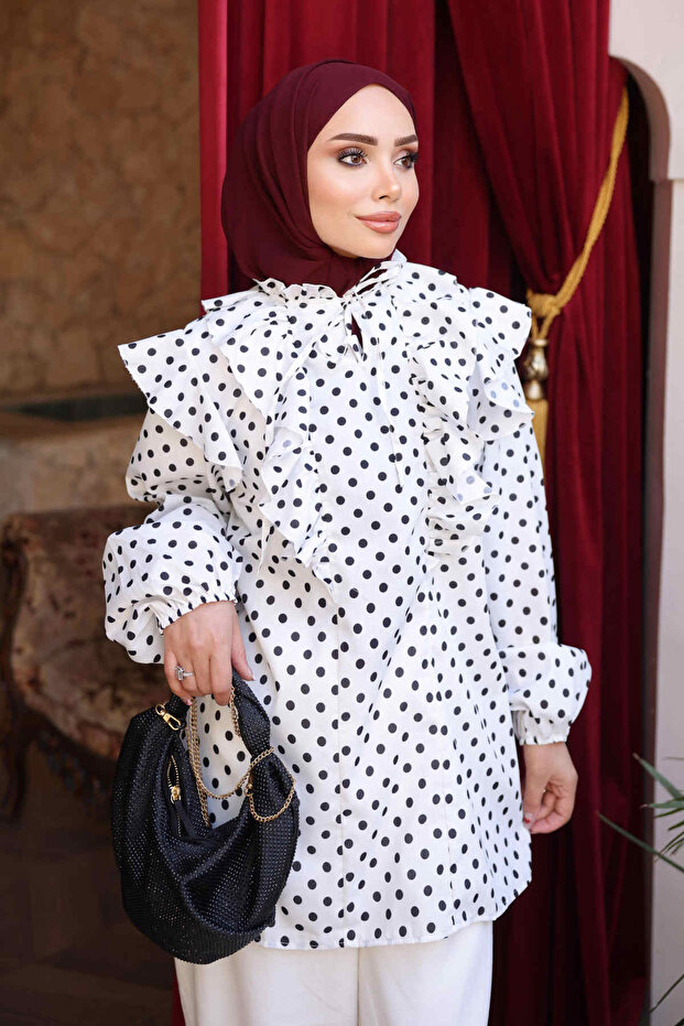 White Collared Tie-Dye Polka Dot Tunic