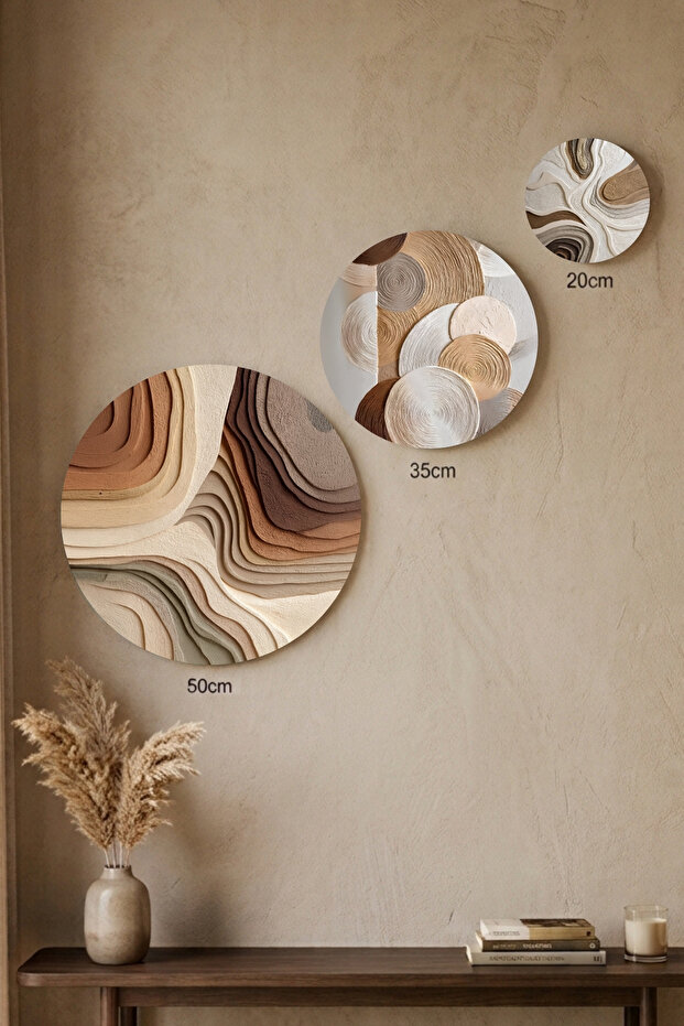 3-Piece Round Canvas Painting Set - 50cm 35cm 20cm Modern Living Room Office Wall Decor Embossed Effect Textured Beige Coffee Themed - Canvas Painting
