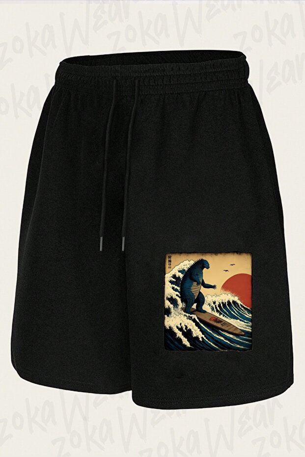 Unisex Godzilla Surfing Design Printed Shorts