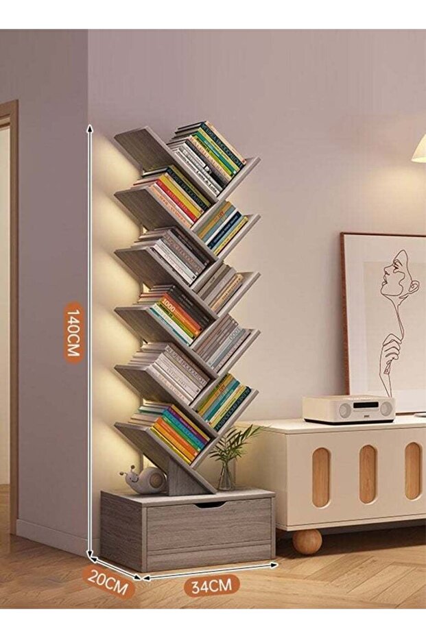 CozyNest Morandi Grey Tree Bookshelf, Narrow Multi-Layer Freestanding Bookcase, Modern Space-Saving Storage & Display Shelf